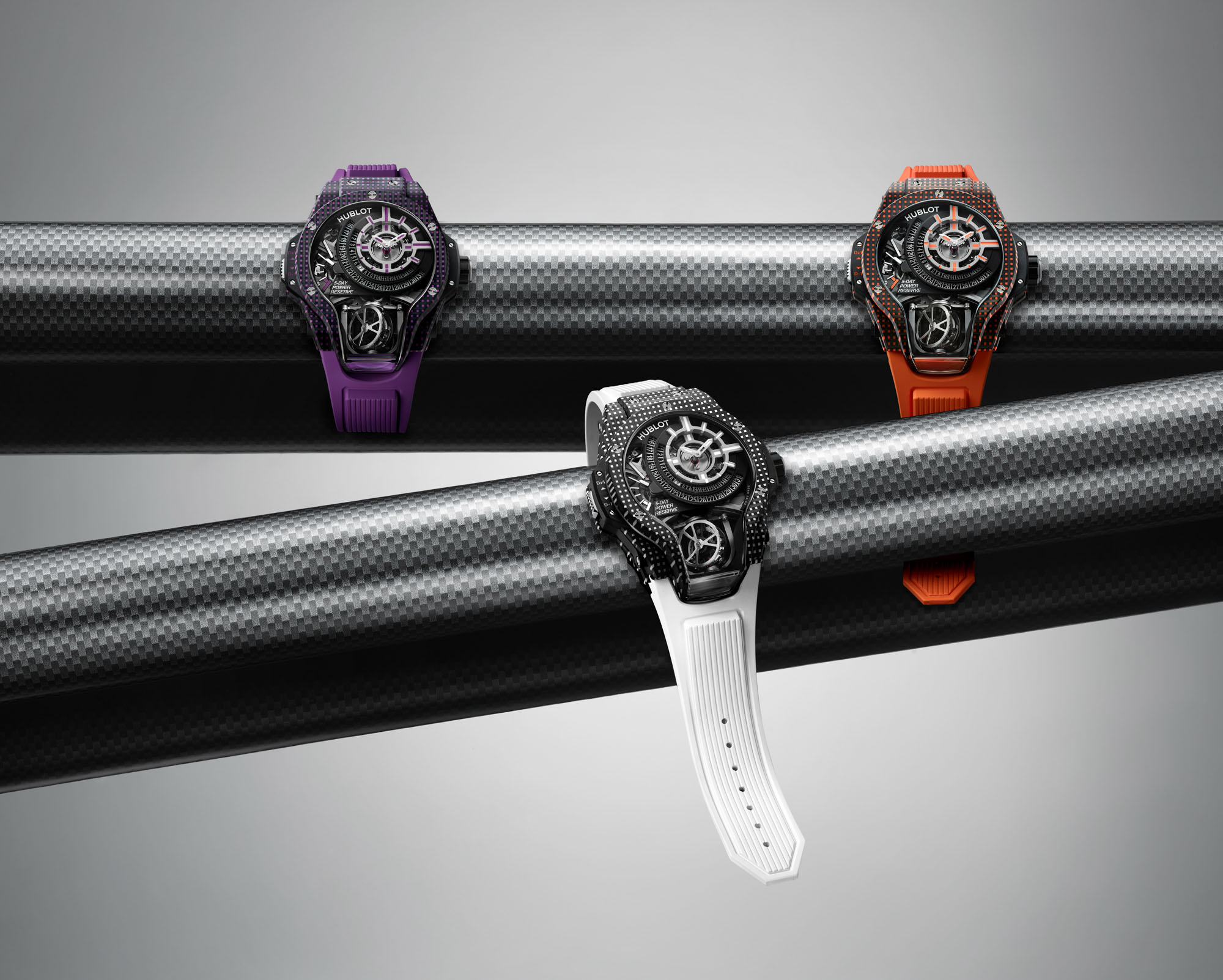 UK Swiss Replica Hublot Debuts Three New MP-09 Tourbillon Bi-Axis Watches In White, Orange, And Violet 3D Carbon