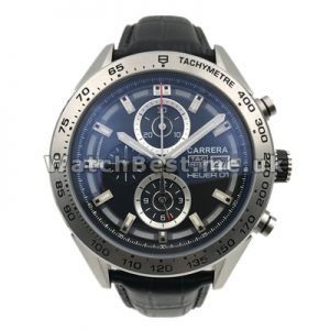 Male 46MM Black Dials Swiss Tag Heuer Carrera Replica Watches With Black Crocodile Straps