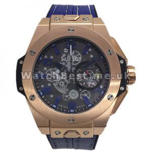 Rose Gold Bezels Hublot Quartz Fake Watches With Black Dials And Blue Arabic Numerals