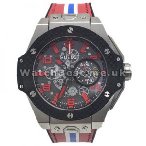 Red And Blue Straps Swiss Hublot Replica Watches With Black Bezels And Steel Cases