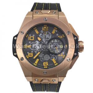 Special Yellow Arabic Numerals Hublot Copy Watches With Black Cowhide Straps Sale For Men