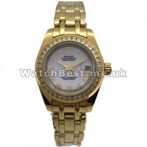 Female Yellow Gold Steel Bracelets Rolex Pearlmaster Fake Watches UK With White Dials