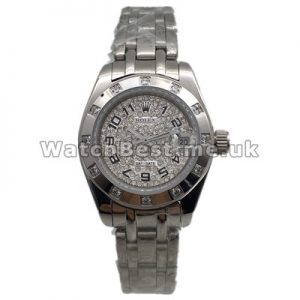 Shiny Female Rolex Pearlmaster Copy Watches With 28MM Steel Cases And Steel Bracelets