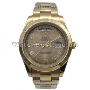 UK Charming Gold Dials Rolex Day-Date II Fake Watches With Yellow Gold Arabic Numerals
