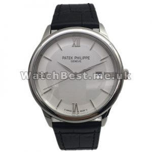 Concise Swiss White Dials Patek Philippe Calatrava Copy Watches With Black Crocodile Straps