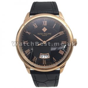 Black Dials Patek Philippe Calatrava Fake Watches For Men With Rose Gold Steel Cases