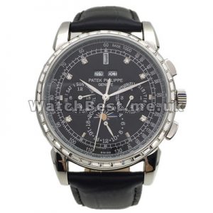 Functional Swiss Male 45MM Patek Philippe Complicated Fake Watches With Black Dials And Diamond Indexes