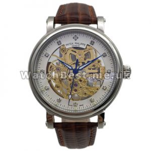 Blue Hands Swiss Patek Philippe Calatrava Copy Watches With White Dials And Brown Straps