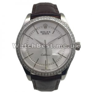 Swiss UK Steel Cases With Diamonds Rolex Cellini Replica Watches With Brown Crocodile Straps