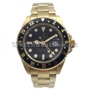 Male Black Bezels Automatic Rolex GMT Master Copy Watches With Gold Steel Bracelets UK