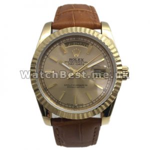 Fashionable Swiss Brown Straps 36MM Rolex Day-Date Copy Watches With Yellow Gold Cases