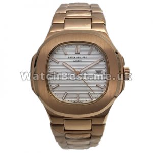 Popular 41MM White Dials Male Patek Philippe Nautilus Fake Watches With Rose Gold Steel Cases