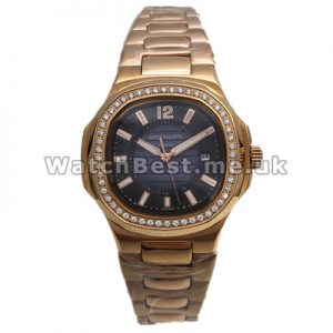 Fashionable Rose Gold Cases Set Auger Patek Philippe Nautilus Copy Watches With Blue Dials