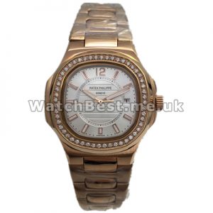 Precious Rose Gold Cases 34MM Patek Philippe Nautilus Fake Watches With White Dials Online
