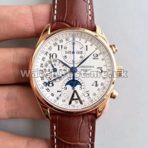 Durable Male Longines Master Collection Replica Watches With Brown Crocodile Straps And White Dials
