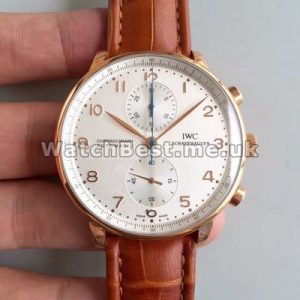 Fashionable Brown Crocodile Straps 40MM IWC Portuguese Chronograph 7750 Fake Watches With White Dials