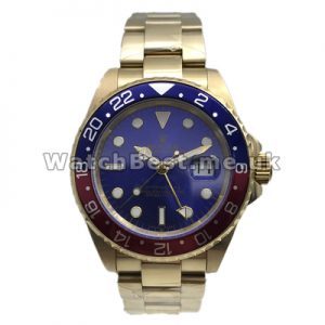 Delicate 40MM Blue Dials Rolex GMT Master Replica Watches For Men With Gold Steel Cases Online