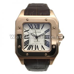 Elegant Rose Gold Steel Cases Cartier Santos 100 Replica Watches For Women With Brown Crocodile Straps