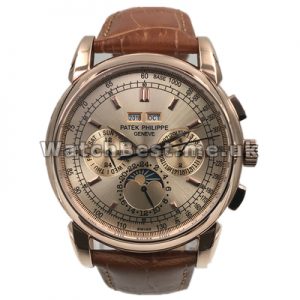 Functional Male 45MM Rose Gold Steel Cases Patek Philippe Complicated Fake Watches With Brown Crocodile Straps