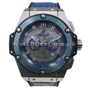 Distinctive Male 46MM Fake Hublot Watches With Grey Dials And Blue Cowhide Straps Online