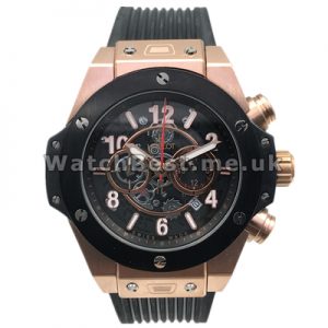 Male Fashionable Black Bezels 44MM Fake Hublot Watches With Rose Gold Steel Cases Online