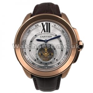 Unique Rose Gold Steel Cases Calibre De Cartier Fake Watches For Men With White Dials Online