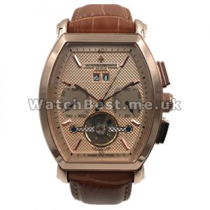 Functional Gold Dials Male Fake Vacheron Constantin Tourbillon Watches With Brown Crocodile Straps Online