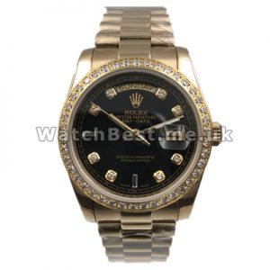 Shiny Male Black Dials 36MM Replica Rolex Day-Date Watches With Gold Steel Cases Set Auger